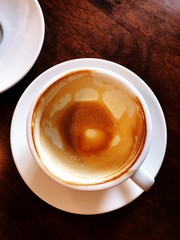 Empty coffee cup closeup on wooden table