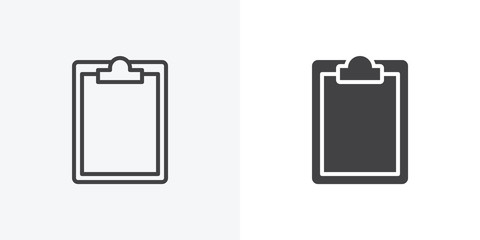Paper clipboard icon. line and glyph version, Blank clipboard document outline and filled vector sign. linear and full pictogram. Symbol, logo illustration. Different style icons set