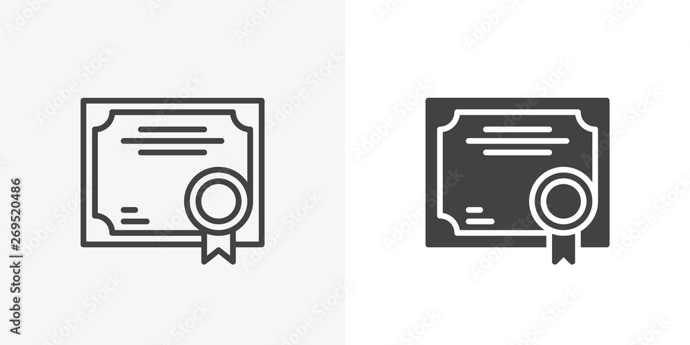 Poster quality certificate icon. line and glyph version, business certificate outline and filled vector sig