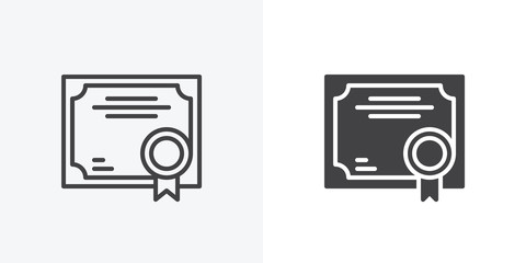 Quality certificate icon. line and glyph version, Business Certificate outline and filled vector sign. linear and full pictogram. Symbol, logo illustration. Different style icons set