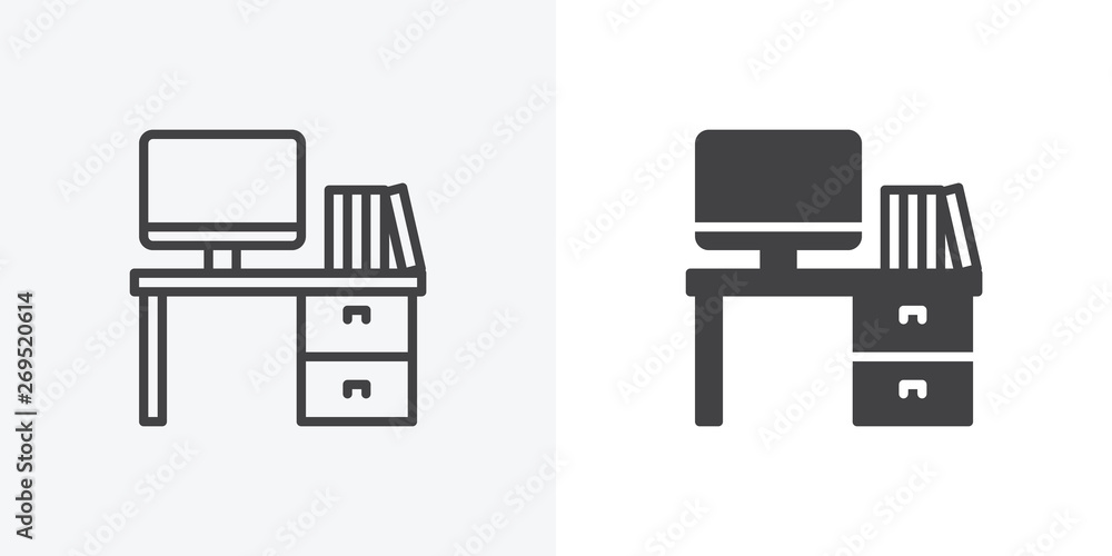 Poster Office workspace desk icon. Computer table with folders line and glyph version, outline and filled vector sign. linear and full pictogram. Symbol, logo illustration. Different style icons set