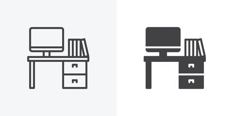 Office workspace desk icon. Computer table with folders line and glyph version, outline and filled vector sign. linear and full pictogram. Symbol, logo illustration. Different style icons set