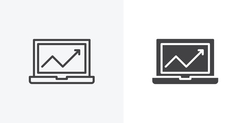 Laptop with chart icon. line and glyph version, Computer with graph outline and filled vector sign. linear and full pictogram. Online business symbol, logo illustration. Different style icons set