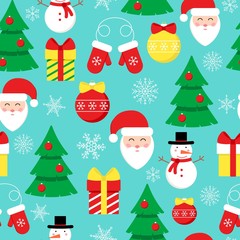 Cute vector seamless pattern with flat icons for Happy New Year and Christmas Day. Festive background with Santa Claus, Snowman, Christmas tree, gift box, candy cane, snowflakes for print, decoration.
