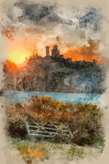 Fototapeta na wymiar Watercolour painting of Corfe Castle Dorset Winter sunrise.