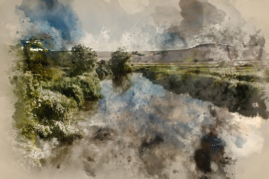 Watercolour painting of Landscape of river in countryside with blue sky reflected in water