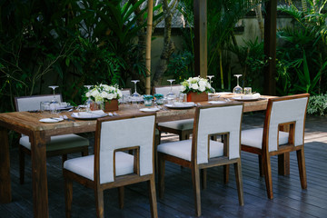 Elegant table set up for wedding reception or banquet dinner