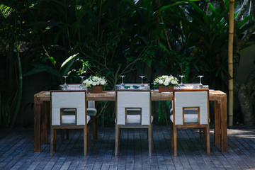 Elegant table set up for wedding reception or banquet dinner