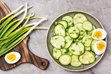 Fresh cucumber salad, boiled chicken eggs and green onions on a plate and ingredients for cooking...