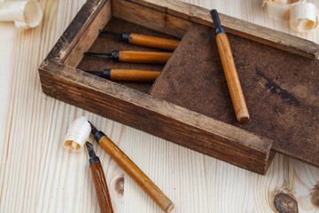 Toolbox with wood cutters on wooden background.
