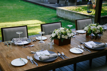 Elegant table set up for wedding reception or banquet dinner
