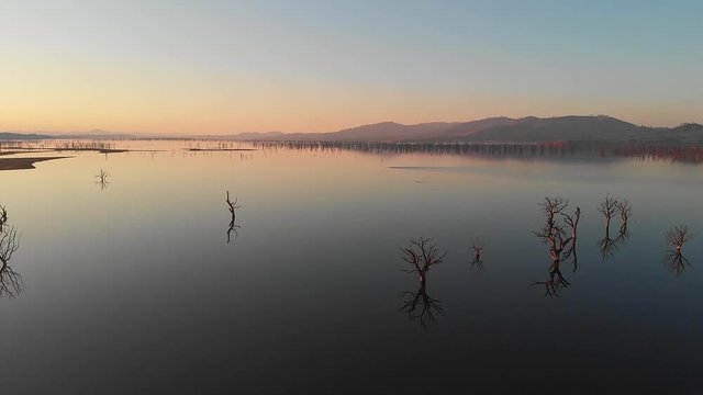 Smooth still lake at sunset showing wide vista with tree reflections. aerial drone footage. Hume Weir