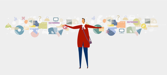 Busy businessman, concept illustration. icons at the background represents busy life, responsibility and support of the running projects. 