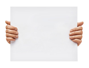 Copy space for your text. Man's hands holding empty board isolated on white background. Close up....