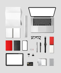 Office desk branding mockup top view isolated on grey