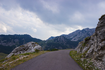 Empty asphalt road in the mountains and forest on the side. Background blur from movement speed.