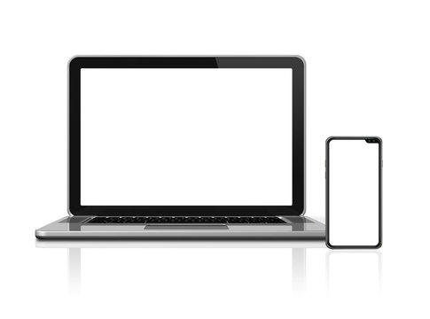 Laptop and smartphone set mockup isolated on white. 3D render