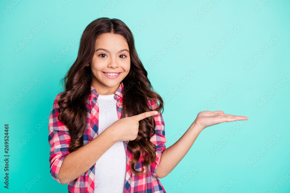 Poster Portrait positive cheerful excited people feedback promo choice decision recommendation select suggest look attention information ads beautiful curly haircut checked shirt isolated green background