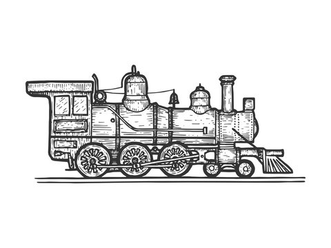 Old steam locomotive train transport sketch line art engraving vector illustration. Scratch board style imitation. Black and white hand drawn image.
