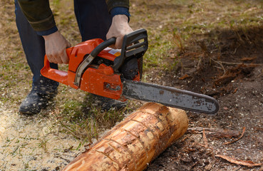 The caucasian man is sawing the wooden log with a chainsaw in rural.