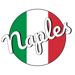 Round button Icon of national flag of Italy with red, white and green colors and inscription of city name: Naples in modern style. Vector EPS10 illustration.
