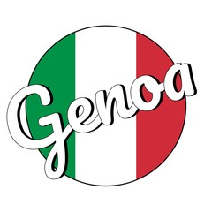 Round button Icon of national flag of Italy with red, white and green colors and inscription of city name: Genoa in modern style. Vector EPS10 illustration..