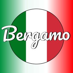 Round button Icon of national flag of Italy with red, white and green colors and inscription of city name: Bergamo in modern style. Italian national colors gradient on the background.