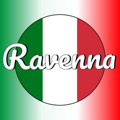 Round button Icon of national flag of Italy with red, white and green colors and inscription of city name: Ravenna in modern style. Italian national colors gradient on the background.