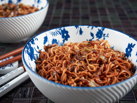 Soba Noodles with Yakisoba Sauce, close-up view