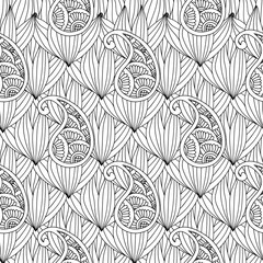 Abstract hand drawn outline doodle ornament seamless pattern with flowers and paisley isolated on white background. Coloring book for adult and older children.