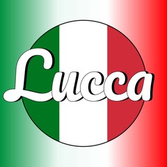 Round button Icon of national flag of Italy with red, white and green colors and inscription of city name: Lucca in modern style. Italian national colors gradient on the background.