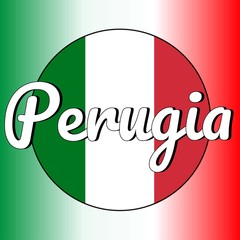 Round button Icon of national flag of Italy with red, white and green colors and inscription of city name: Perugia in modern style. Italian national colors gradient on the background.