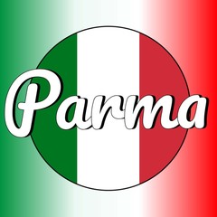 Round button Icon of national flag of Italy with red, white and green colors and inscription of city name: Parma in modern style. Italian national colors gradient on the background.