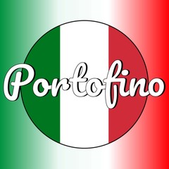Round button Icon of national flag of Italy with red, white and green colors and inscription of city name: Portofino in modern style. Italian national colors gradient on the background.
