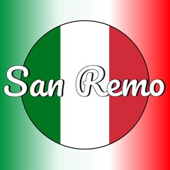 Round button Icon of national flag of Italy with red, white and green colors and inscription of city name: San Remo in modern style. Italian national colors gradient on the background.
