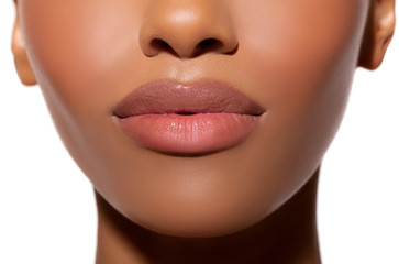 Sexy lips. Close-up female lips, mouth, perfect healthy lips of a dark-skinned girl, transparent...