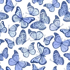 Fotobehang Blauw wit Vintage naadloze patroon met aquarel vlinders op witte achtergrond