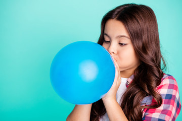 Close-up portrait of her she nice attractive cute charming wavy-haired girl in checked shirt blowing festive baloon fest isolated on bright vivid shine green blue turquoise background