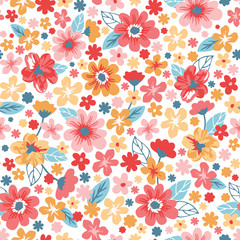 Seamless ditsy floral folk pattern with pink and yellow flowers