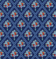 Seamless deep blue floral pattern with bouquets and rhombus