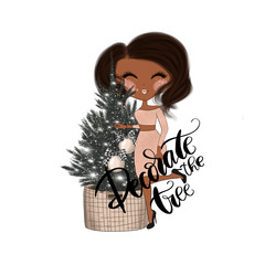 African American Girl With Green Fir Isolated On A White Background Decorate The Tree Hand Drawn Illustration