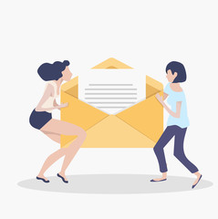 Women holding newsletter in opening envelope teamwork concept
