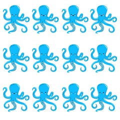 Set of little blue octopus showing various emotions and actions. Cartoon characters of marine creatures. d