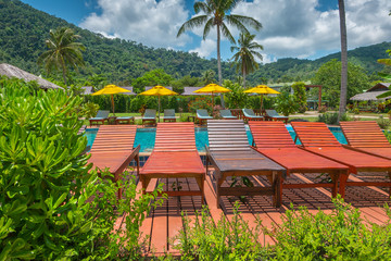 Tropical background from Phangan  island in Thailand with beach chair on green meadow with blue sky and palm trees. Travel Vacation concept