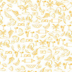 Summer pattern with vacation and travel icons. Summer time. Contour summer symbols. Hand made doodle icons in sketch style.