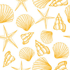 Seamless background with yellow shells. Summer vector design. Seamless pattern can be used for pattern fills, wallpaper, web page background, surface textures.