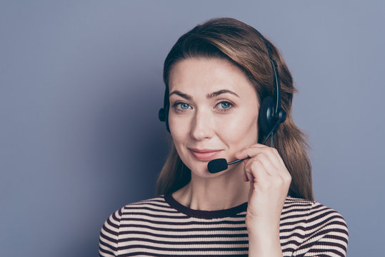 Close-up portrait of her she nice-looking attractive pretty confident content wavy-haired lady striped look outsource real estate property broker isolated over gray pastel violet purple background