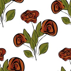 Seamless pattern with sketch colorful blossoms. Wallpaper with hand drawn roses and leaves. Vector illustration.