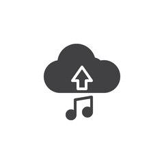 Upload music vector icon. filled flat sign for mobile concept and web design. Cloud with musical note glyph icon. Symbol, logo illustration. Vector graphics