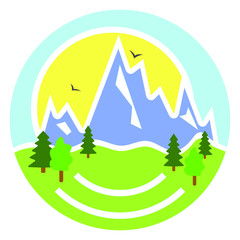 Mountain landscape with a rising sun and the trees, round logo in the style of flat